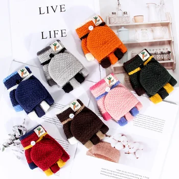 

Winter Kids Knitted Gloves Half Finger Warm Cartoon Children Warmers Flip Cover