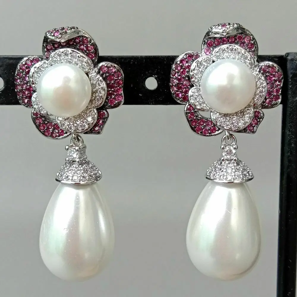 

White Teardrop Sea Shell Pearl Cz Pave Flower Earrings