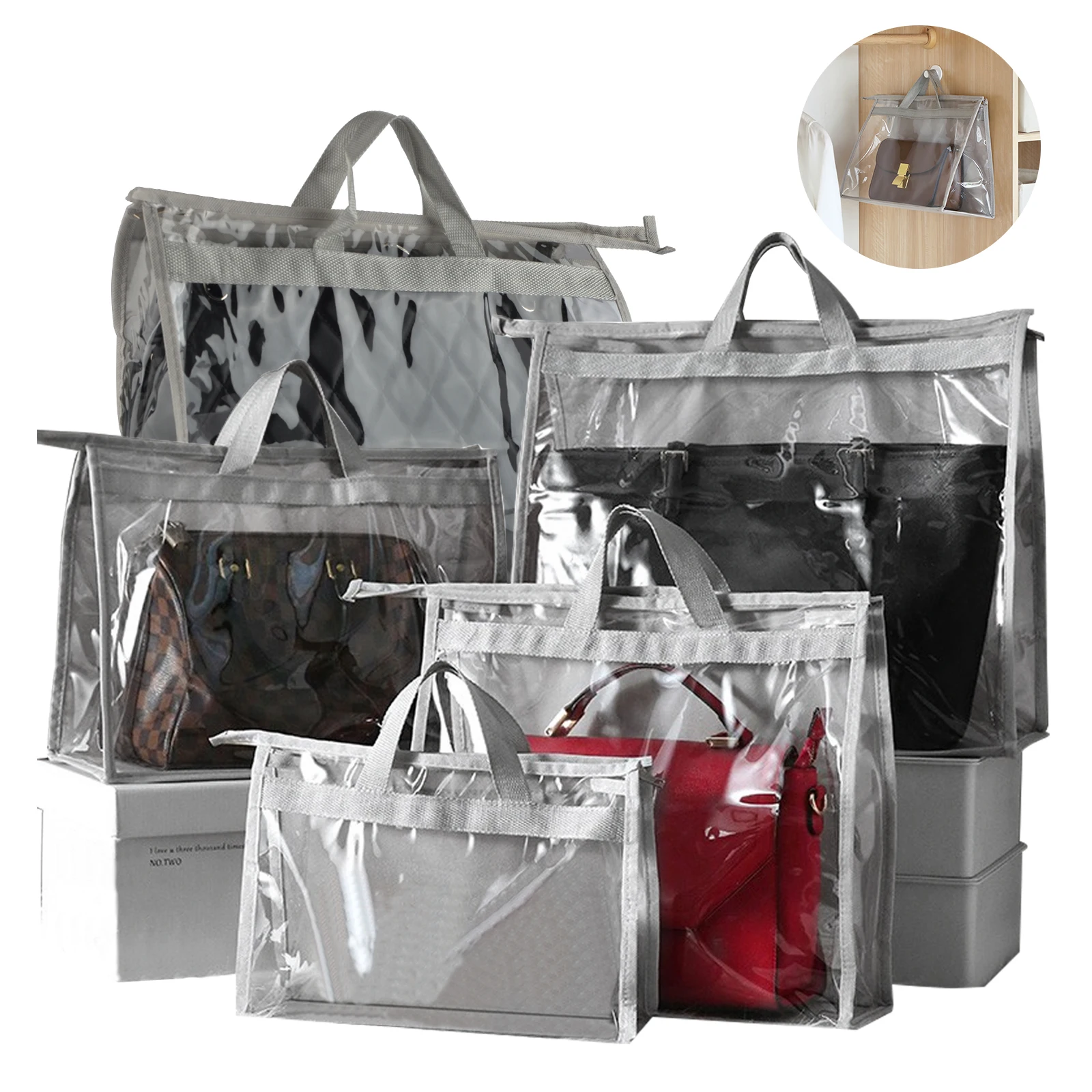 

5 Pack PVC Storage Handbag Dust Cover Bag Transparent Anti-Dust Purse Storage Bag For Hanging Closet With Zipper And Handle
