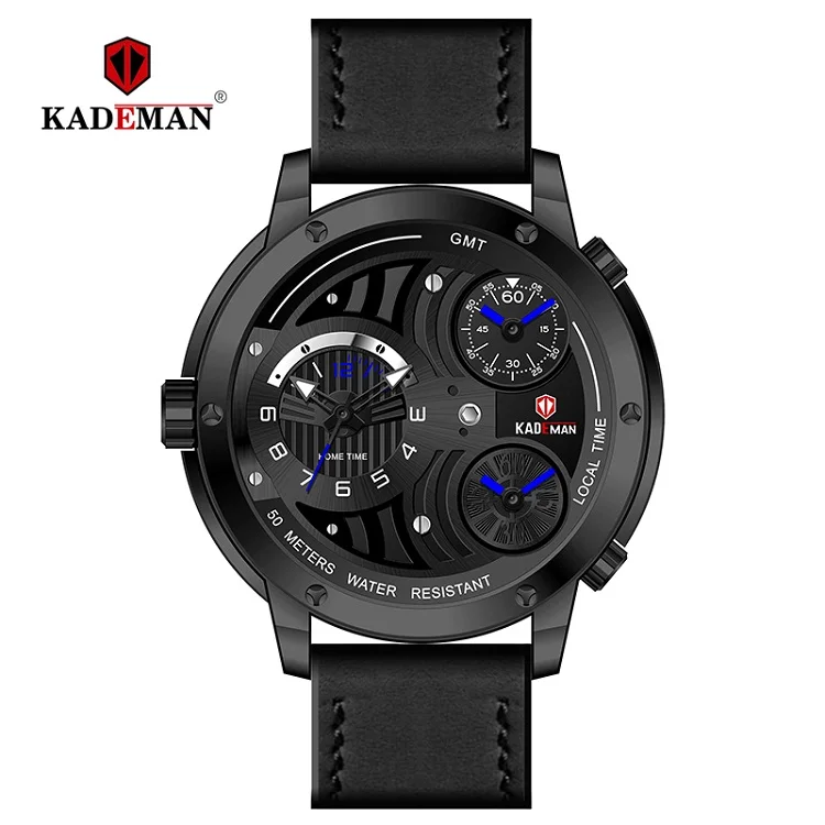 KD696-BBEB KADEMAN, мужские часы с большим циферблатом, 3 часовых пояса, уникальные, повседневные, деловые, Роскошные, брендовые, водонепроницаемые, кожаные, Relogio Masculino - Цвет: KD696-BBEB