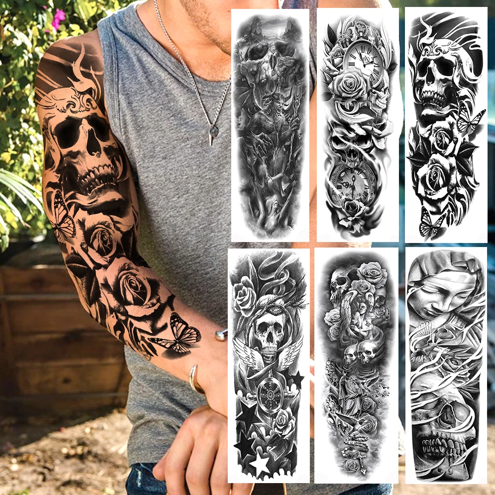 Fashion Black Punk Skull Temporary Full Arm Leg Tattoo Sticker Waterproof Fake Rose Flower Tattoos For Men Women Body Art Tatoos Temporary Tattoos Aliexpress