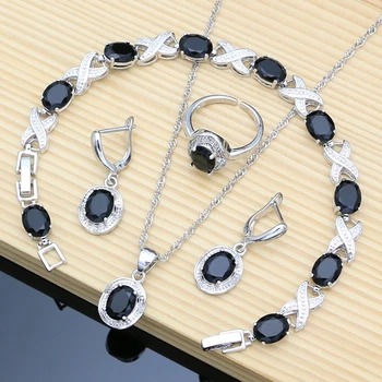 12 Colors Gemstone Silver 925 Jewelry Sets  Black Obsidian Birthstone Earrings Bracelet Resizable Ring Necklace Wholesale 1