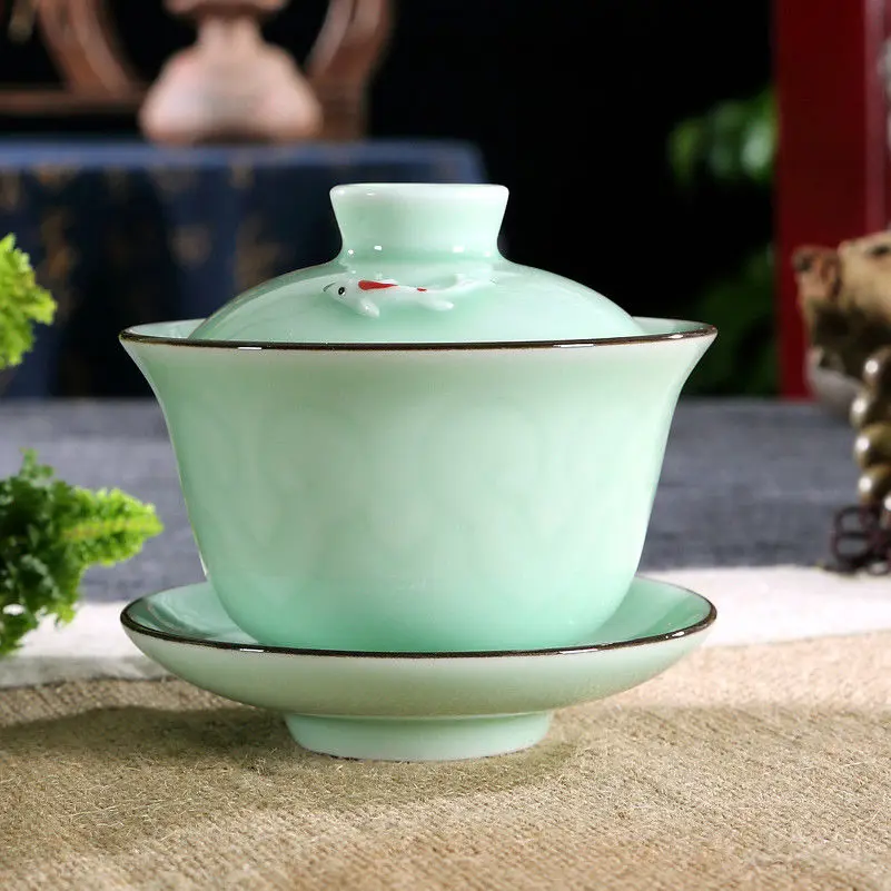 [GRANDNESS] Longquan Celadon Gaiwan Gongfu Чайный набор 3D Рыба Gaiwan набор супница чашка 140 мл