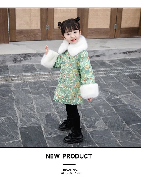 Толстое Ципао для девочек, зимний детский костюм Тан детское длинное платье с хлопковой подкладкой и воротником из искусственного меха Детские теплые платья для маленьких девочек