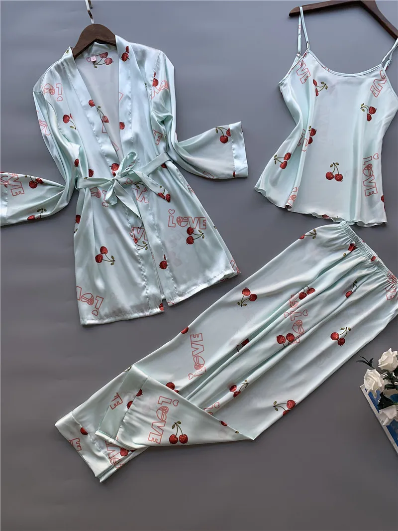 3 шт. ледяной шелк женские пижамы горошек фрукты Сладкий жилет брюки кардиган комплект пижамы
