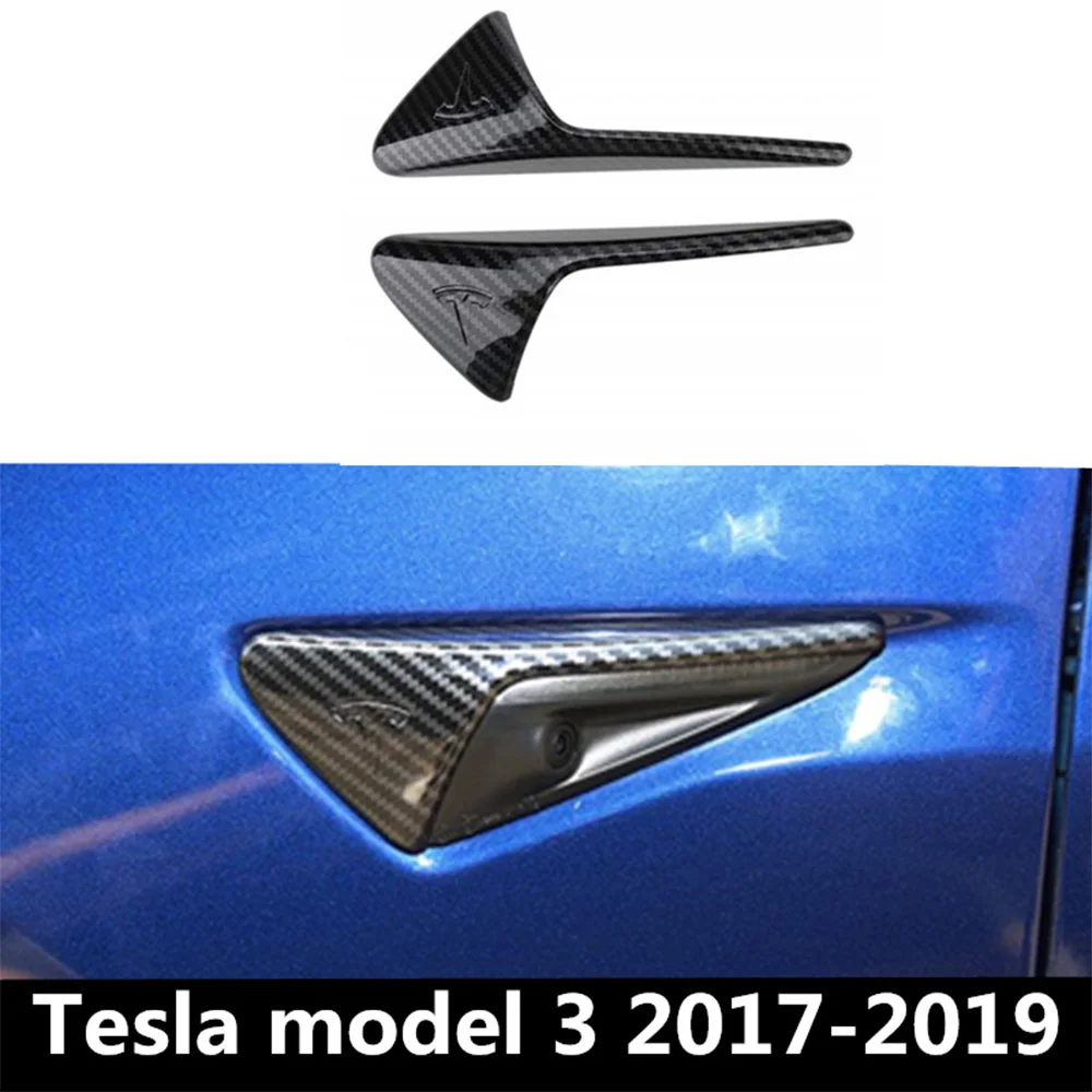 

Car Side Camera Trim Cover Tesla Logo Sticker For Tesla Model 3 2017 2018 2019 2020 Carbon Fibre Grain Decoration Car styling