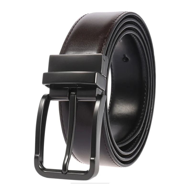medyla Men's leather belt Rotating buckle double-sided available pin buckle high quality cow genuine leather belts for men 130cm - Цвет: Black buckle Brown