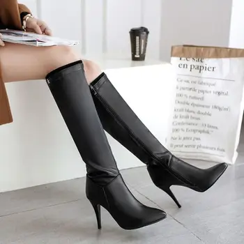 

Women High Heels Zip Up Knee High Riding Boots Pointed Toe Party Shoes Stilettos Plus Size Warm Winter US4-12 2Colors