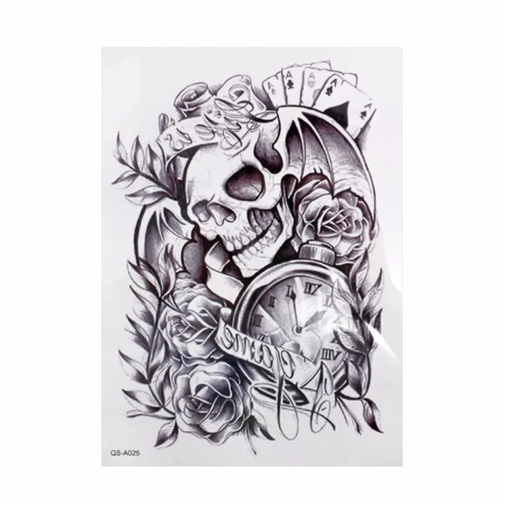 1pc Black Skull Clock Temporary Tattoo Stickers Removable Fashion Large Waterproof Body Arm Tattoos For Men Women
