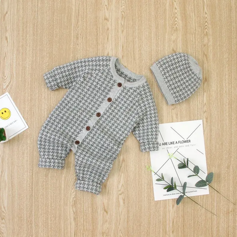 Осенний хлопковый комбинезон с длинными рукавами и цветочным узором для маленьких мальчиков и девочек+ шапочка, Комплект комбинезонов для новорожденных