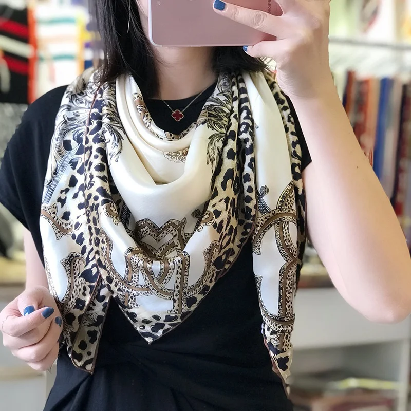 Leopard Print Large Square Silk Scarf Shawl Luxury Hand Rolled Edges Women Ladies Fashion 100% Scarfs Wraps Gifts 106x106cm |