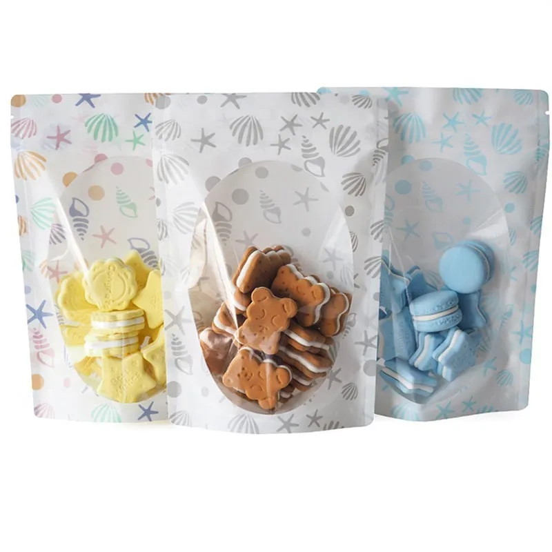 

100pcs Conch Plastic Bags Seal Food Storage Bag Clear Window Stand Up Resealable Grip Ziplock Pouches Candy Biscuits Bag