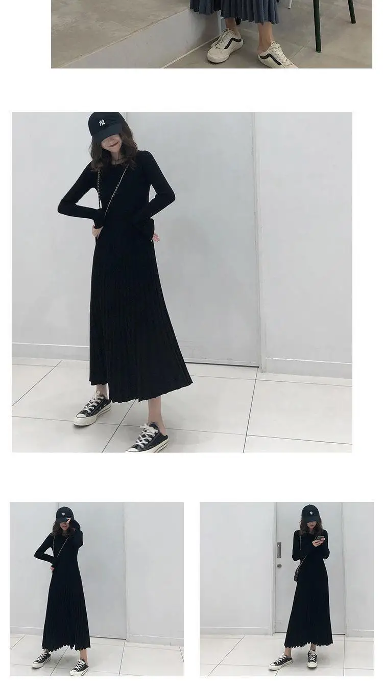 Outono e Inverno para Mulheres Saia de Fundo Vestido de Malha Nova Cintura Fechamento Retro Saia Longa Manga Comprida Fino 4 de fundo cintura fechamento retro saia longa