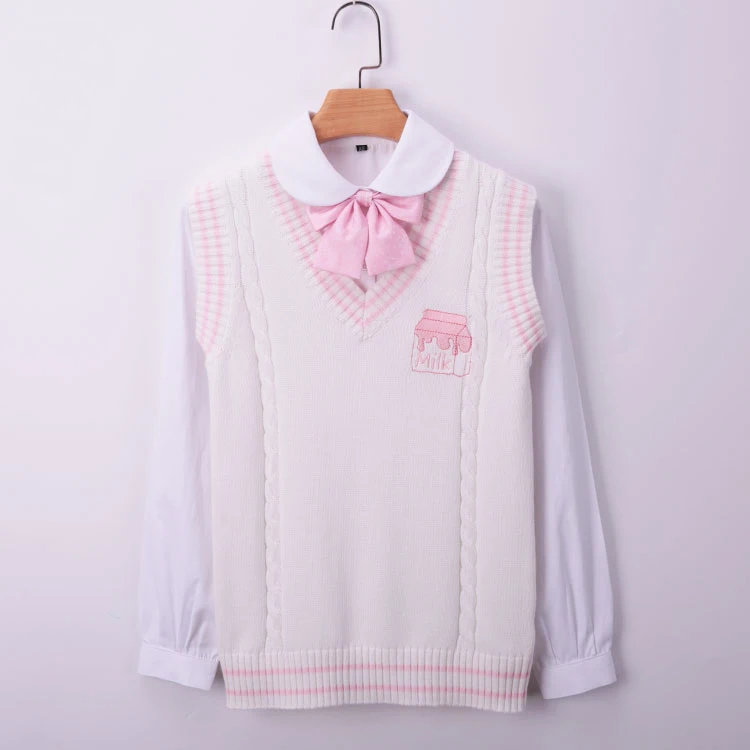 Jk Sweater Vest V Neck Cute White Pink 