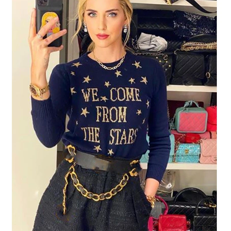 

Cosmicchic Women Stars Pullovers 100% Wool Long Sleeve Knitted Sweater Gold Star Letter Pattern Jumpers Navy Blue Soft Knitwear