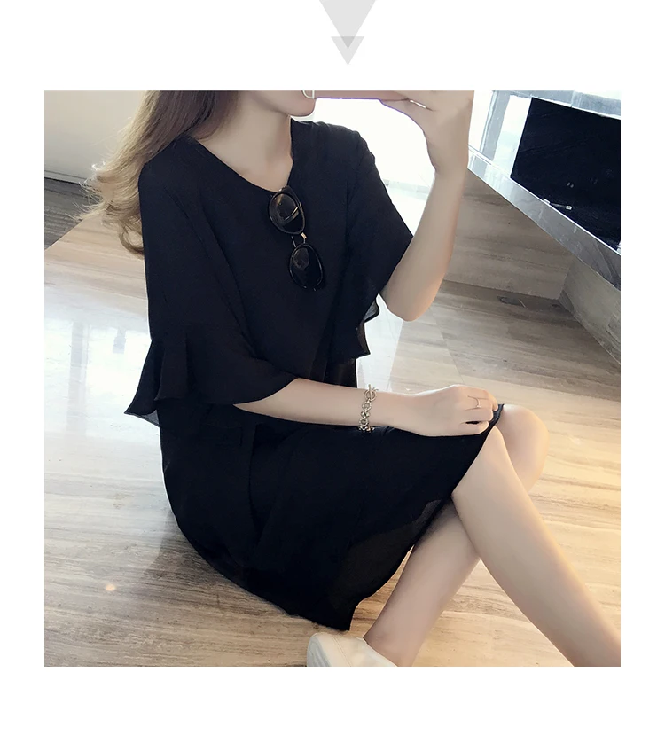Новинка, 5XL, 4XL, 3XL, летнее женское модное свободное милое платье с круглым вырезом и рукавами-бабочками, черное шифоновое платье, плюс размер