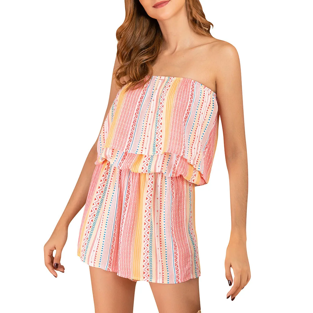 Women Playsuit Print Off Shoulder Backless Playsuit Sexy Loose Slim Playsuit Beach combinaison short femme боди для женщин#D