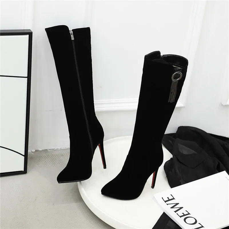 Meotina Winter Knee High Boots Women Boots Fringe Stiletto Heels Long Boots Zip Super High Heel Shoes Lady Autumn Big Size 33-43