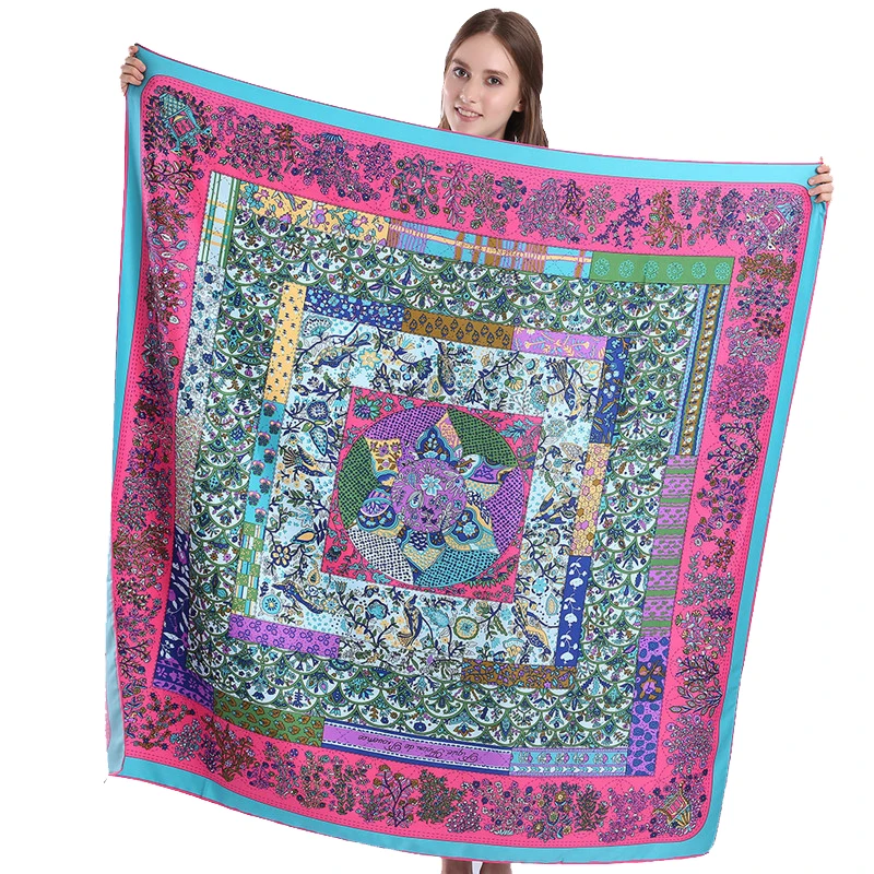 

100% Twill Silk Scarf Women Large Shawl Floral Print Stoles Square Bandana Luxury Brand Kerchief Scarves Foulard Female 130*130