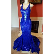 Королевское синее платье для выпускного вечера, длинное шикарное вечернее платье с v-образным вырезом и блестками, вечернее платье с коротким шлейфом и открытой спиной CP367