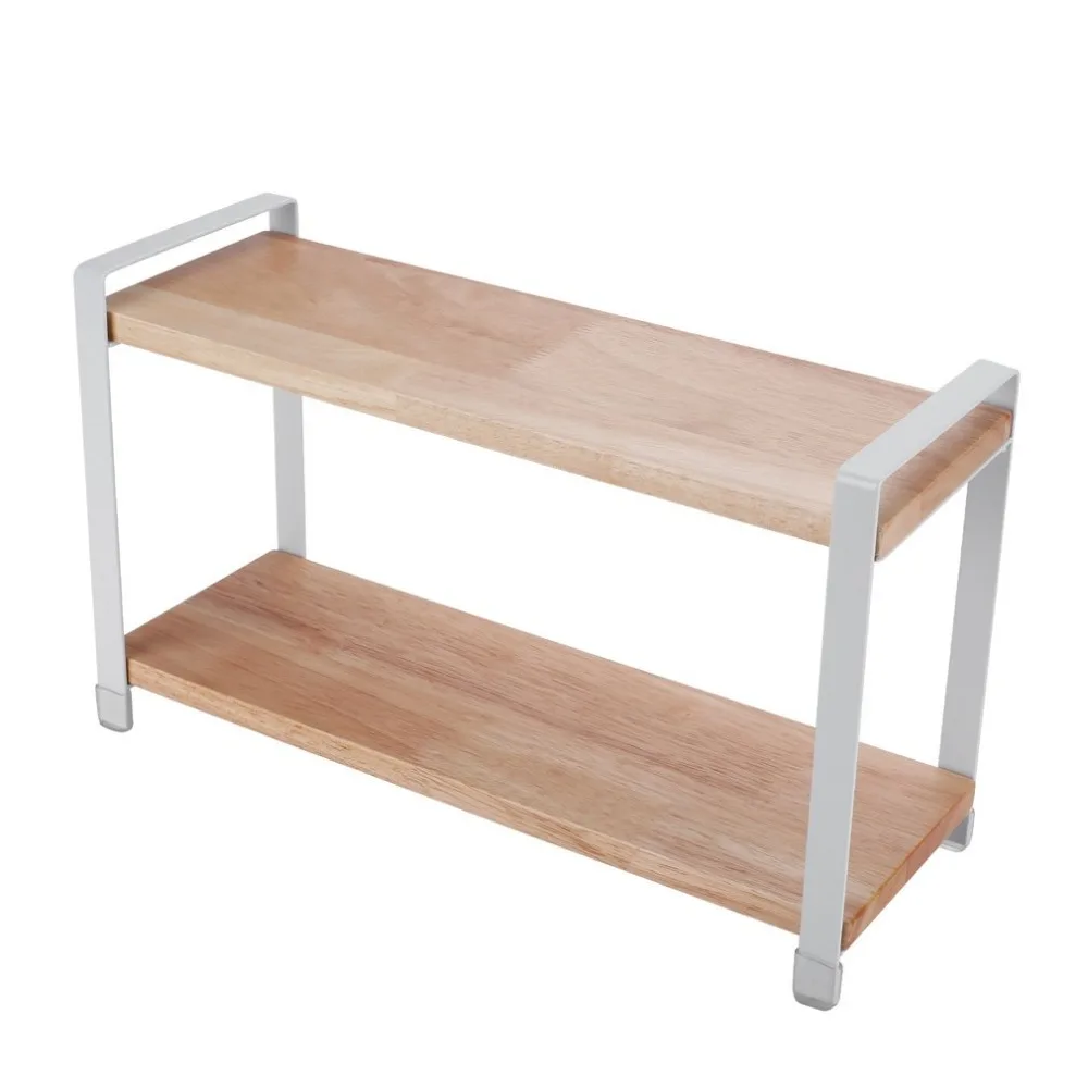 2 Layers Kitchen Wooden Spices Rack Free Standing Shelf Rack Glass Pot Jars Seasoning Bottle Storage Racks Organizer Holder