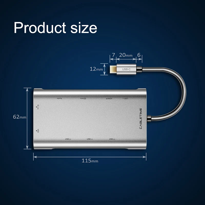Кабельный usb-хаб RJ45 кард-ридер HDMI 10 в 1 концентратор 3,5 мм Тип C концентратор USB 3,0 с адаптером питания SD для ноутбука Macbook N231