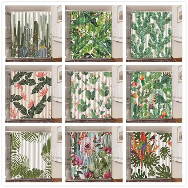Nordic Style Cactus Bathroom Set With Shower Curtains Green Plant Palm Leaves Bath Decoration Blackout Screen Home Decor Curtain Shower Curtains Aliexpress