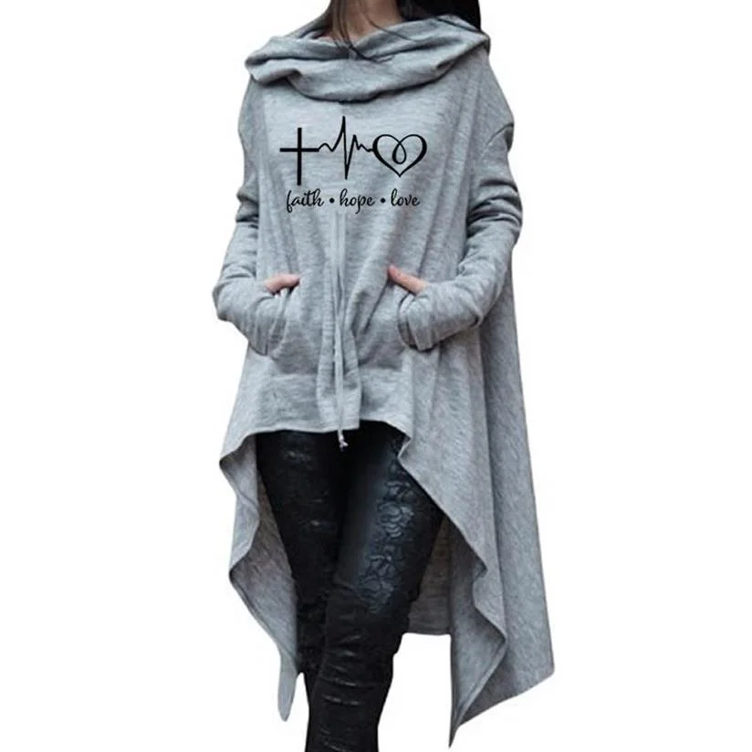 Faith Hope Love Letters Print Hoodies For Women Long Irregular Kawaii Sweatshirts Femmes Girls Casual Thick | Женская одежда