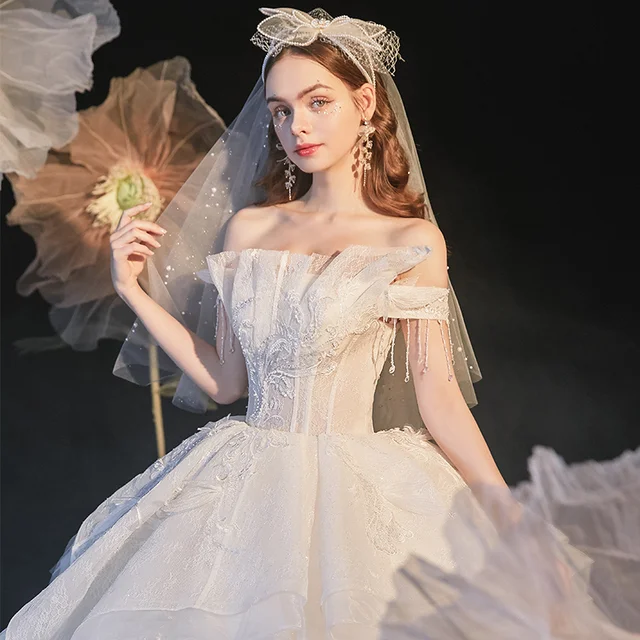 HLF27 Wedding Dresses Off The Shoulder Lace Up Back Short Sleeve Beading Crystal Ball Gown Vestido De Casamento فساتين زفاف 5