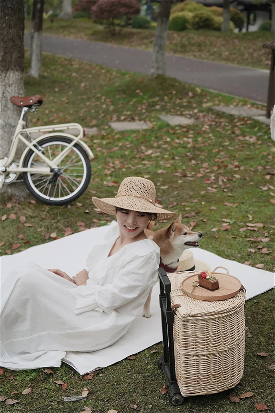 Rattan Trolley Picnic Basket Natural Wicker Weaving Lunch Baskets Wheels Family Outing Trip Picnic Bento Storage High Capacity