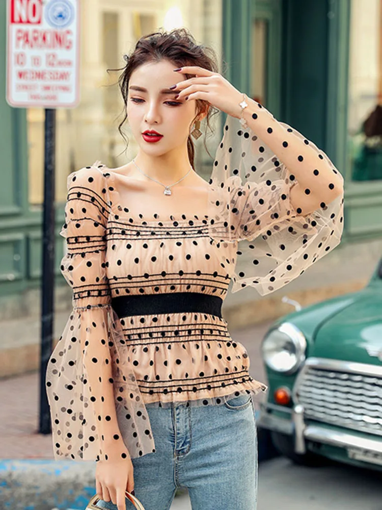 

Polka Dot Tulle Top Transparent Blouse Flare Sleeve Womans Tops Clothing Fashionable Slash Spring Summer 2020 European Street