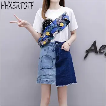 

2020 Summer New Two piece Pearl beaded Print Ruffles Deco Tshirt +Stars Print Patchwork Denim Skirt Sets