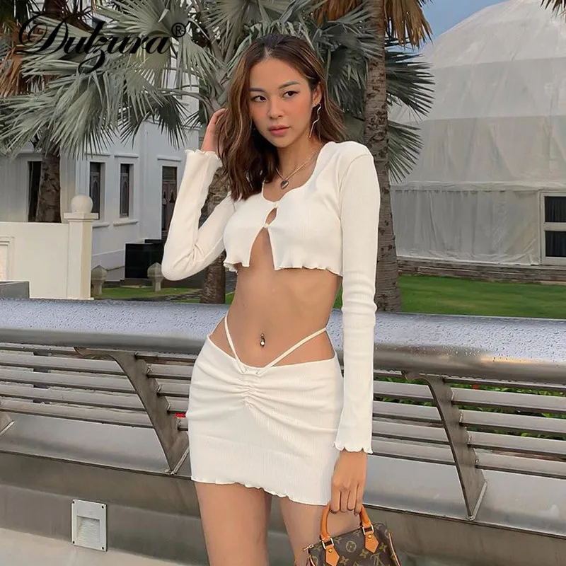Precio Especial Dulzura acanalado de encaje hueco mujeres 2 piezas set top chaqueta mini falda ropa de calle sexi club traje a juego nlKkDGrxN
