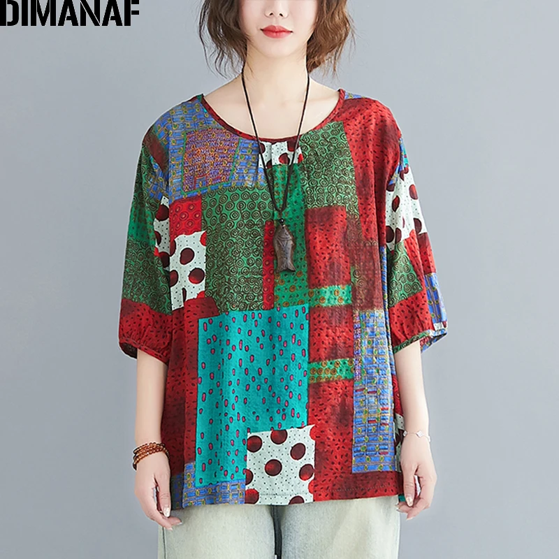 

DIMANAF Summer Plus Size T-Shirts Women Clothing Lady Tops Tees Tunic Shirts Print Patchwork Loose Oversize Cotton Linen 2020