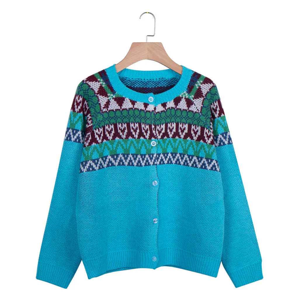 Женский зимний винтажный свитер, модный разноцветный кардиган с пуговицами, однобортный Повседневный вязаный кардиган с длинными рукавами