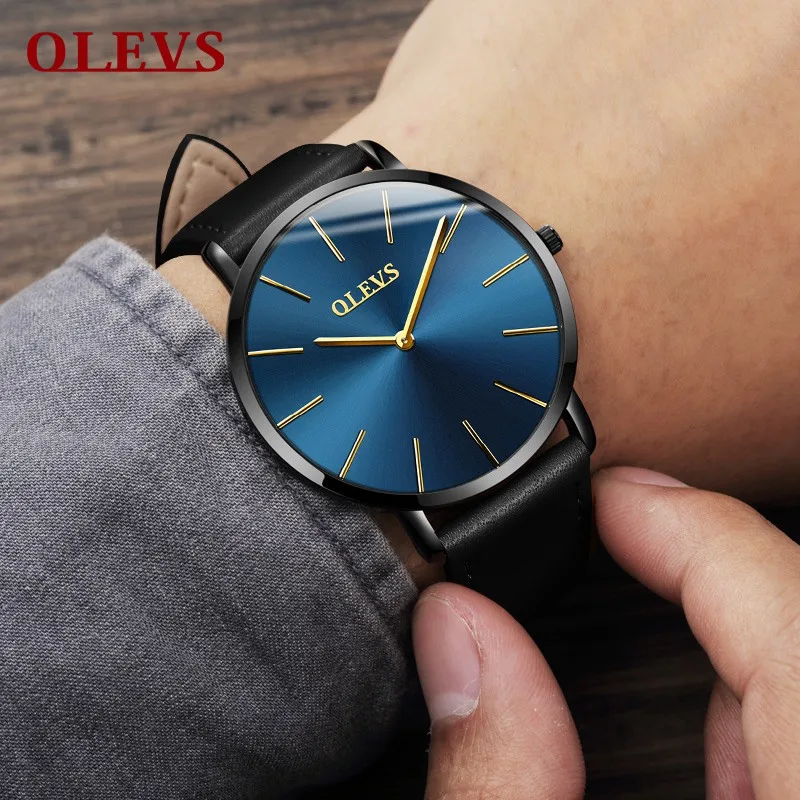 Black blue men OLEVS, люксовый бренд, мужские часы, кварцевые, кожа, высокое качество, минималистичный стиль, ультратонкие наручные часы, водонепроницаемые, Relogio Zegarek Meskie - Цвет: Black blue men