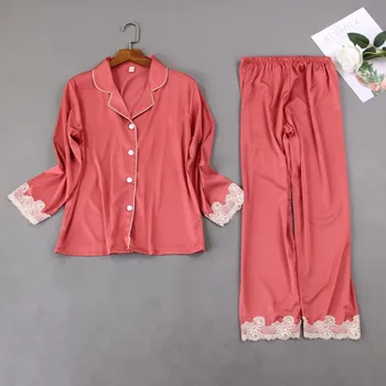 

Casual Pajamas Set Homewear Lace Patchwork Home Clothes Women 2PCS Shirt&Pants Nightwear Sleepwear Pink Satin Pijamas Suit