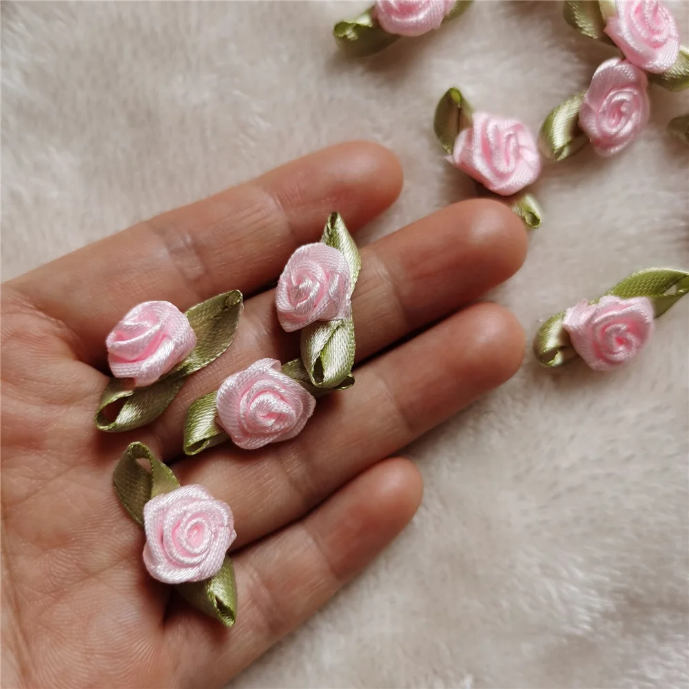 Pink Mini Artificial Rose Flowers Heads Make Satin Ribbon Appliques Handmade DIY Crafts For Wedding Decoration Accessories fabric flowers