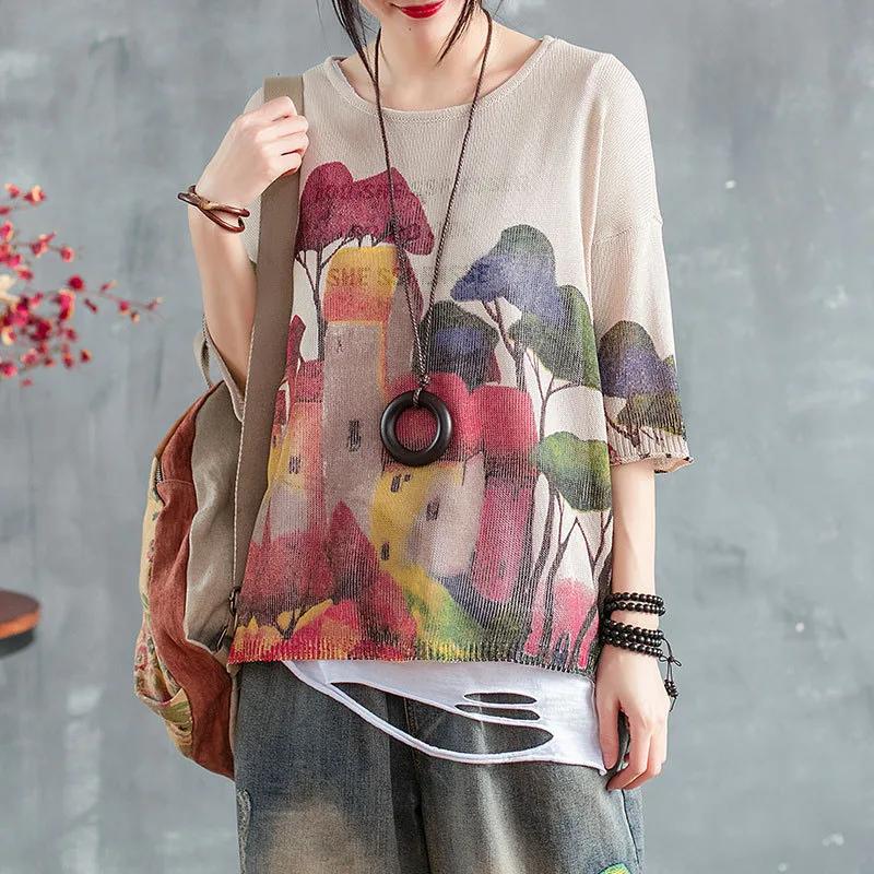 

Art Hand-painted Pattern Sweater Mujer Round Neck Loose Streetwear Thin Tops Casual Retro Pullovers Knitted Pull Women Clothing