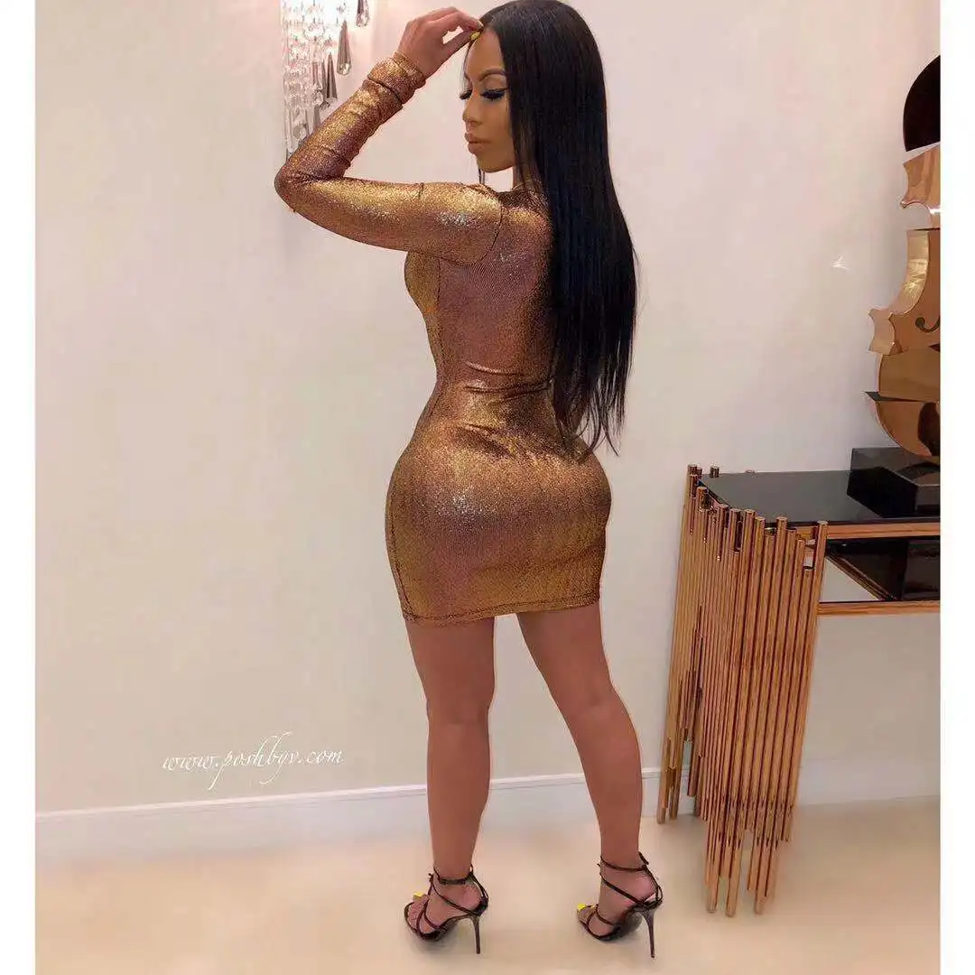 TEAEGG 2019 SPRING SEXY PARTY EVENING DRESS THROUGH BLING BLING O NECK brown skirt