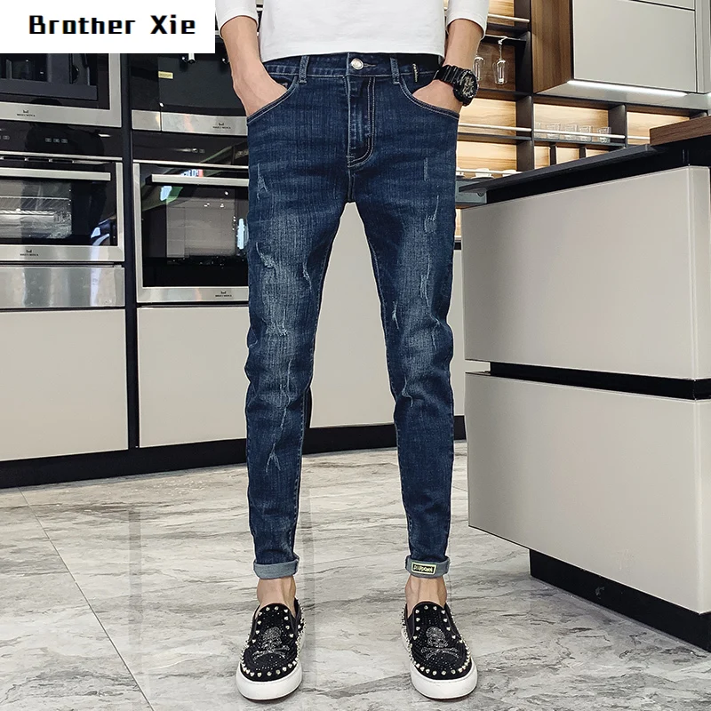 

Autumn Jeans Men Stretch Slim Fashion Washed Solid Color Casual Denim Trousers Man Streetwear Wild Hip-hop Hole Jeans Pants