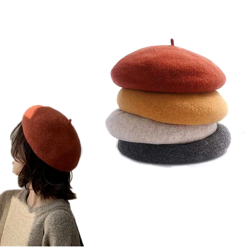 

Warm Wool Plain Beret Beanie Hat French Artist Kawaii Flat Top caps Solid Color Cap Headwear For Women Girls High Quality