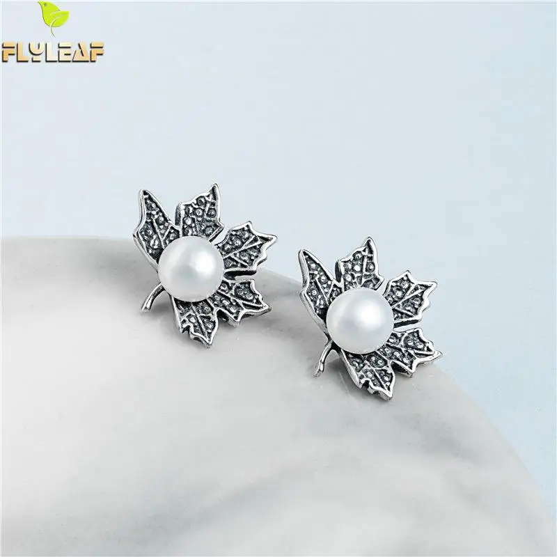 

Flyleaf Simple Maple Leaf Pearl 100% 925 Sterling Silver Stud Earrings For Women High Quality Earings Fine Jewelry Vintage