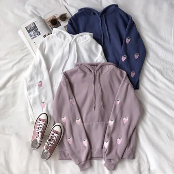 

Lovely Strawberry Embroidery Thickening Women Hoodies Fashion Long Sleeve Casual Loose Autumn Winter Pullovers