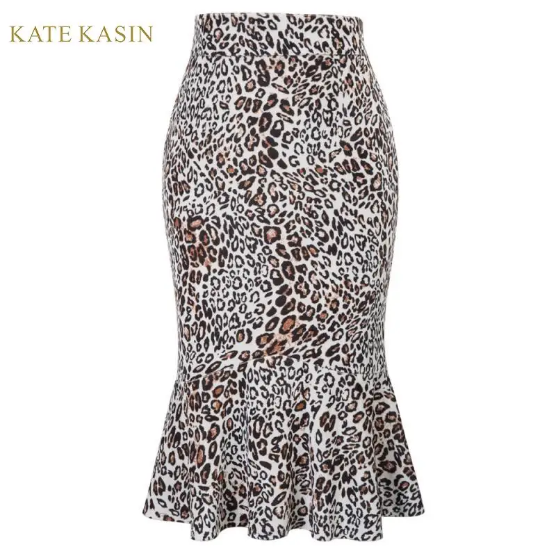 

Kate Kasin Women Leopard High Waist Knee Length Ruffle Midi Skirt Sexy Bodycon Pencil Skirt Mermaid Lady Office Wear Skirt S-XXL