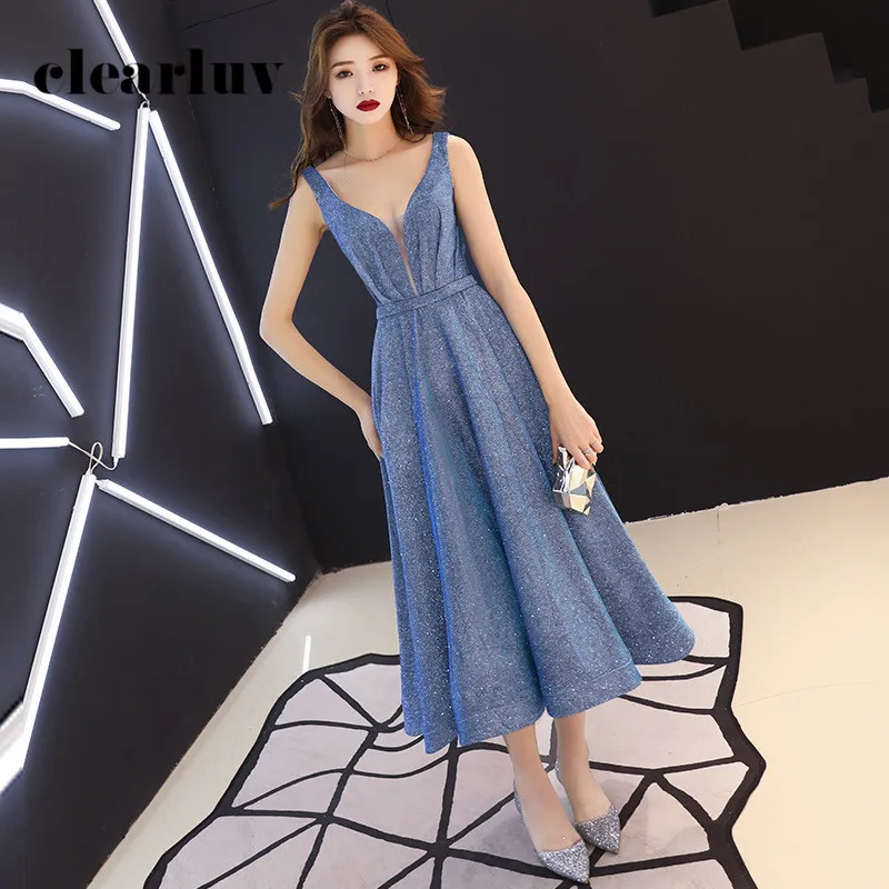 

Sexy Sling Women Party Dresses R250 Sleeveless Formal Evening Gowns Double V-Neck Vestidos De Fiesta Tea-Length Elegant Dresses