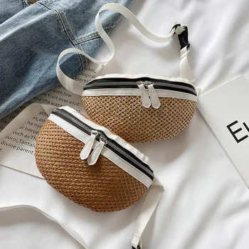 

Fashion Rattan Women Chest Bags Straw Woven Handmade Wicker Double Zipper Waist Packs Designer Belt Bag Summer Small Beach Purse