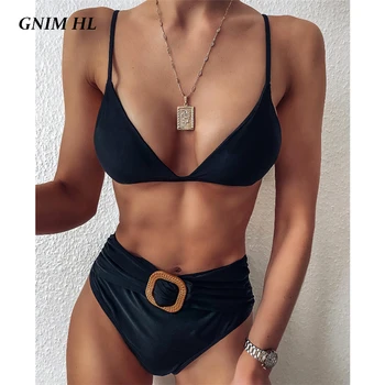 

GNIM High Waist Bikini Swimwear Women 2020 Summer Solid Black Triangle Bathing Suit Women Two Pieces Brazilian Swimsuit Biquinis