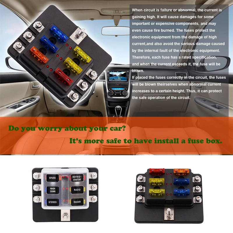 12 В 24 в 6 способов пластиковая крышка Держатель предохранителя M5 Шпилька с светодиодный световой индикатор для авто автомобиля лодки морской Трайк
