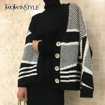 

TWOTWINSTYLE Striped Knitted Women's Sweater V Neck Batwing Sleeve Korean Female Cardigans 2020 Autumn Oversized Fashion New
